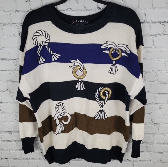ESCADA by MARGARETHA LEY | vintage striped nautical knit cotton crewneck sweater - Picture 2 of 10